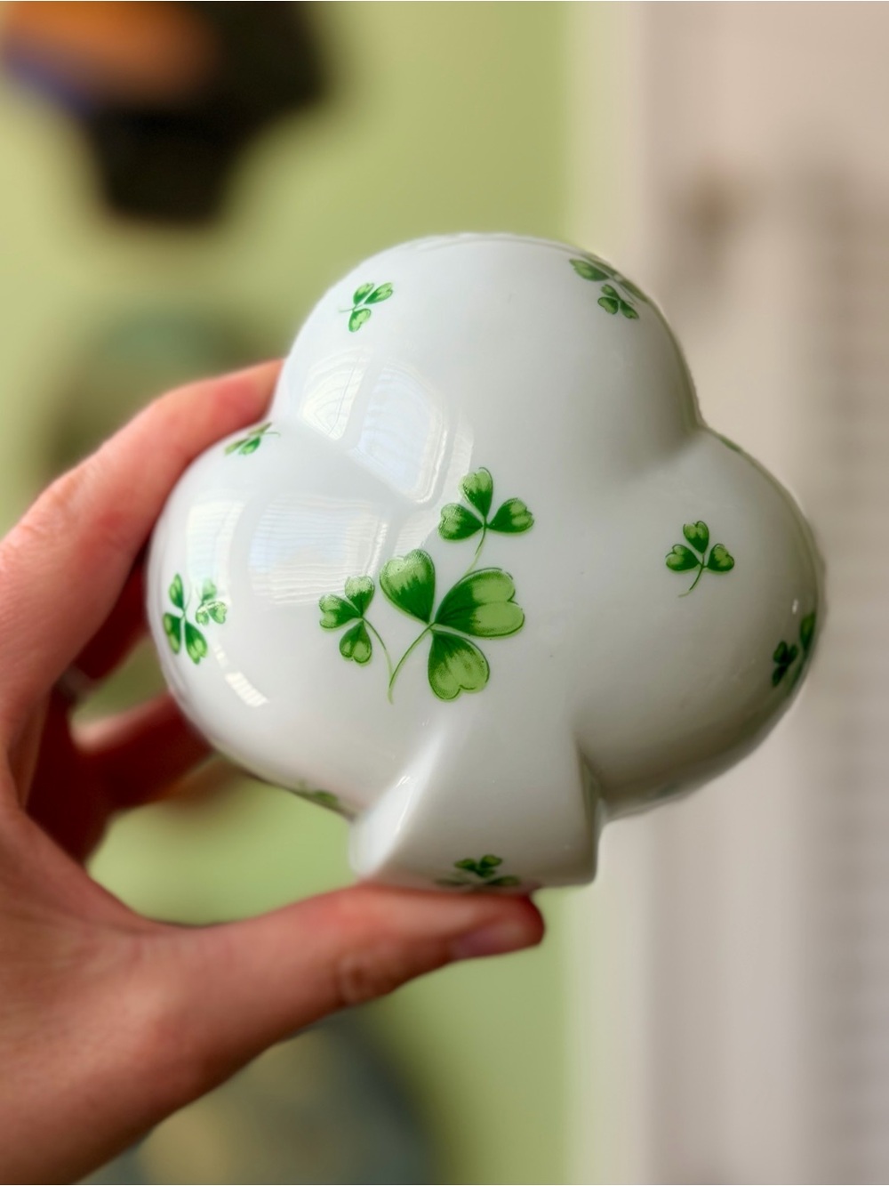 White Ceramic Shamrock Trinket Music Box with Green Clover Motif Vintage